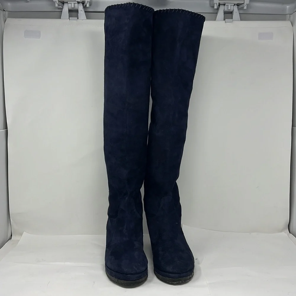 Michele Negri Sz 8.5 Blue Suede Low Wedge Whipstitch Trim Knee Boots